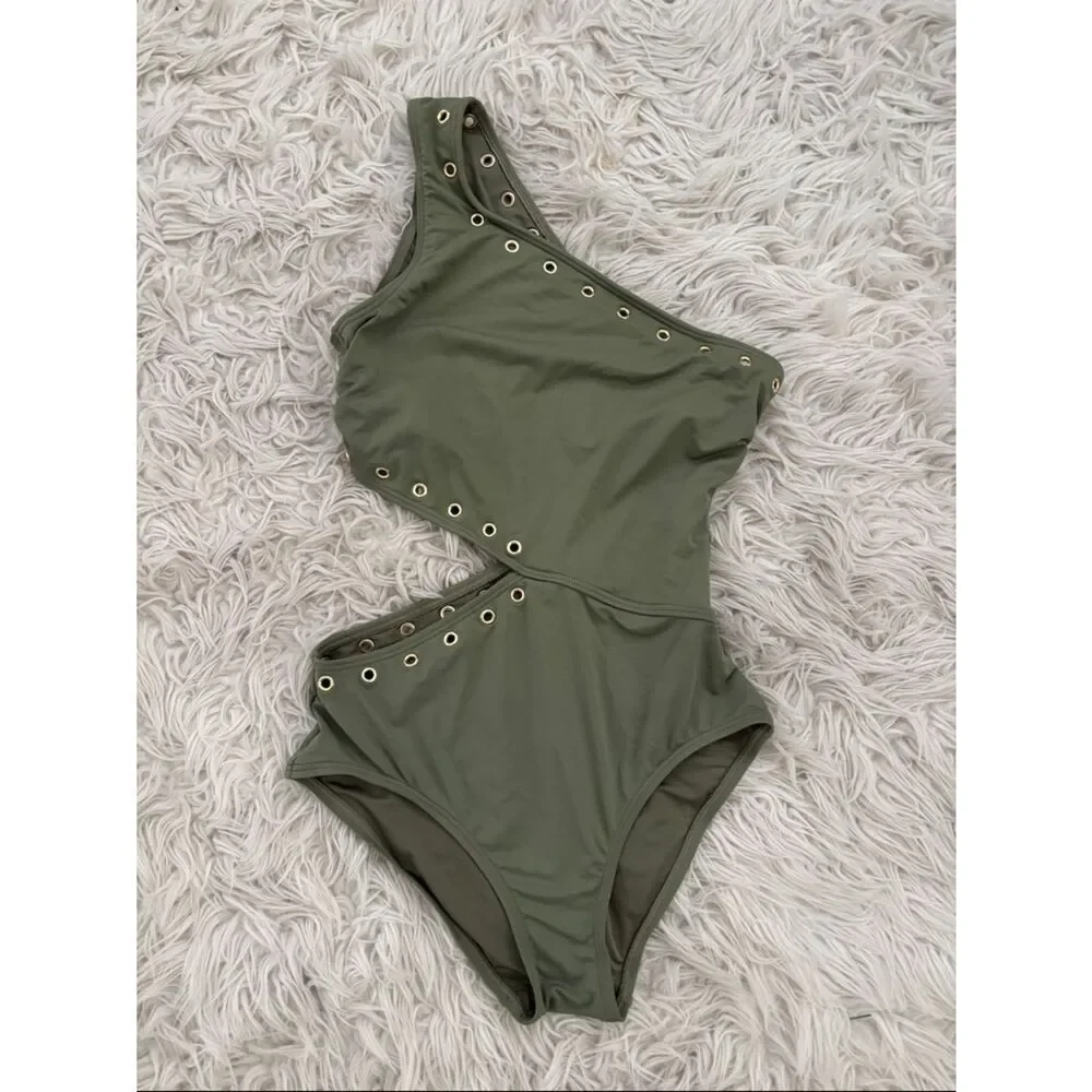 Michael Kors sz 10, Olive Green One-Shoulder Cutout Swimsuit with Gold Eyelets